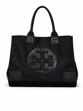 Tory Burch Ella Black Nylon and Patent Leather Large Double Handle Tote Bag